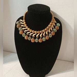 Vintage Statement Necklace With Recycled Glass Ball with Gold Tone Beads (RARE)